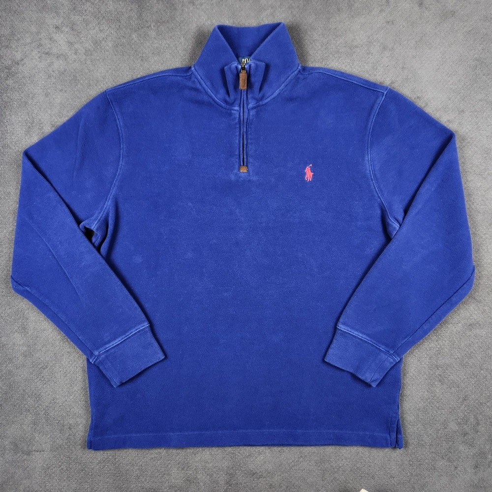 Polo Ralph Lauren Estate Rib 1/4 Zip Mens Large Blue Cotton Pullover Sweater